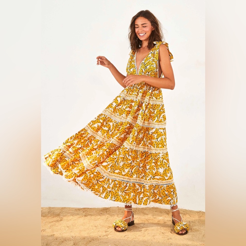 Farm Rio Dress | White Spotted Banana Maxi | Size L